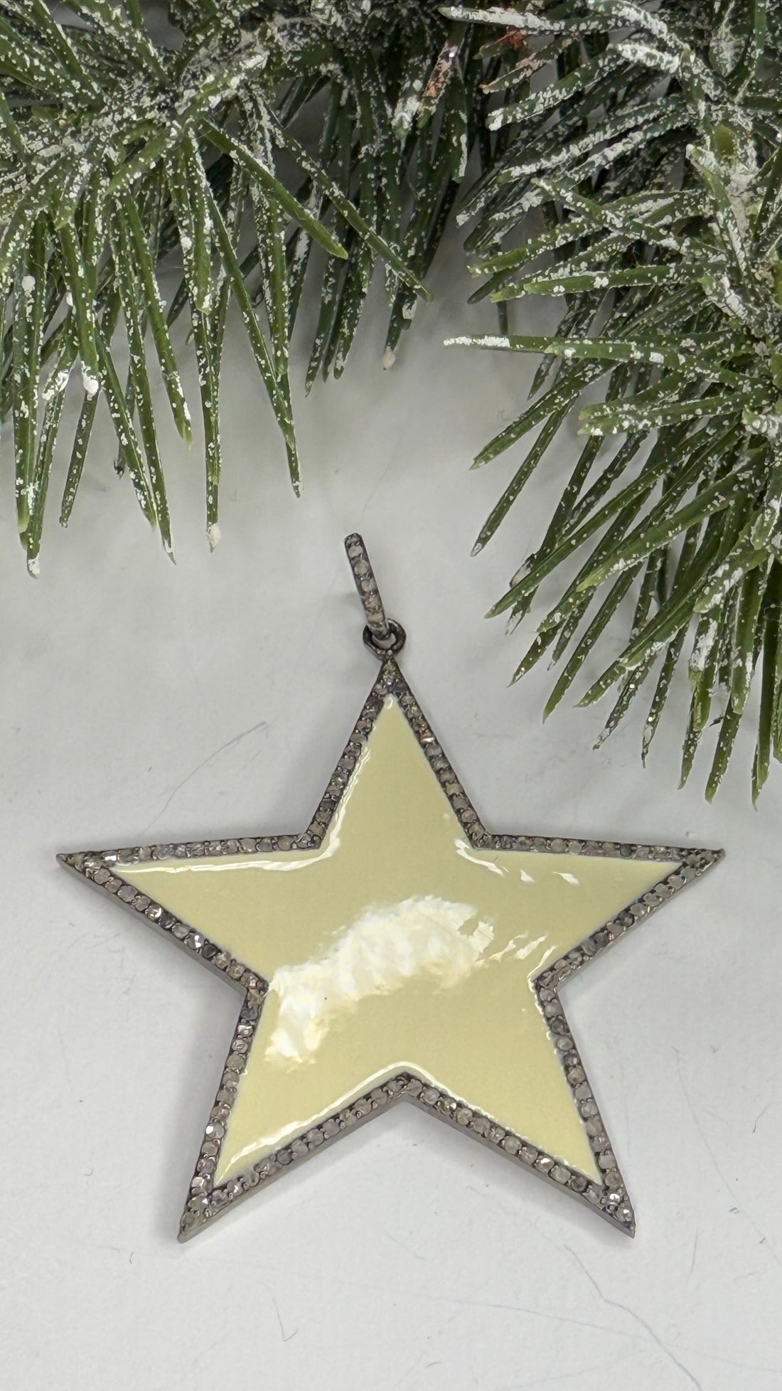 Decorative star ornament on a white surface with greenery