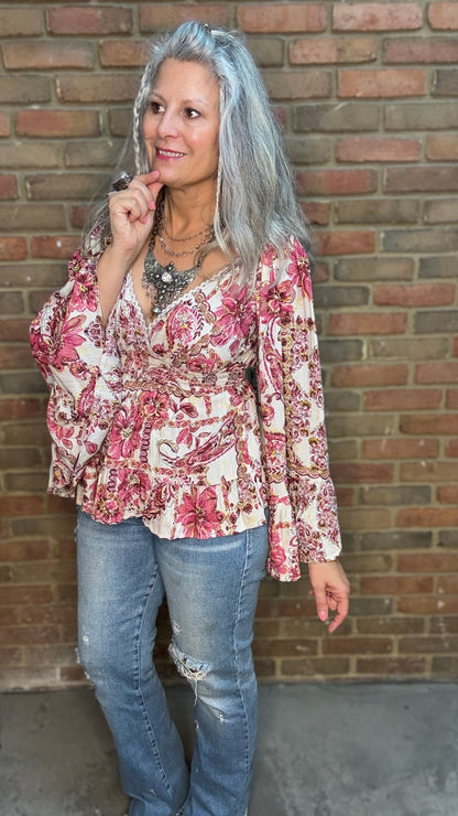 Long Flare Sleeve Flowy Top - Mauve