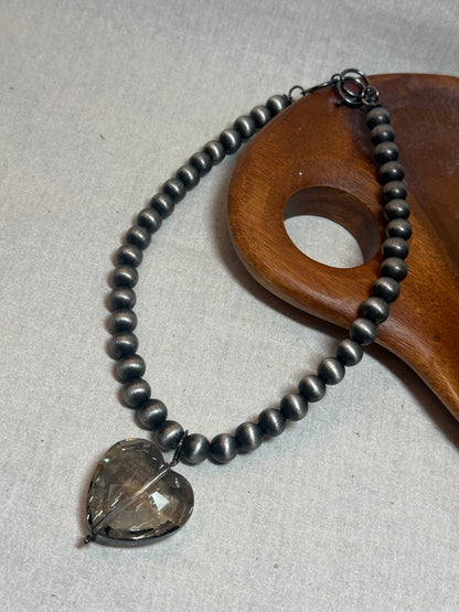 Silver Bead Crystal Heart Necklace