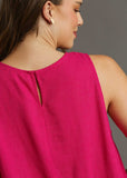 back view of keyhole button back closure of linen round neck fray hem tank top in hot pink.