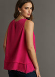 Back/side view of model wearing Linen round neck fray hem tank top in hot pink.