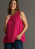 front view of model wearing linen round neck fray hem tank top in hot pink.