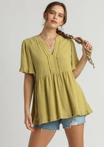 Pear Linen V-Neck Pleated Top with Ruffle Sleeves and Fray Detail