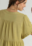 Pear Linen V-Neck Pleated Top with Ruffle Sleeves and Fray Detail