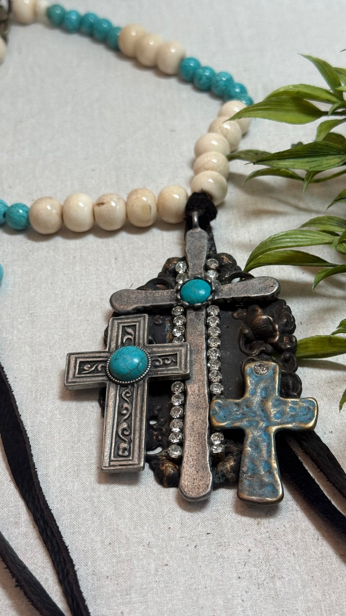 Triple cross on beaded necklace - Vintage Vault Boutique