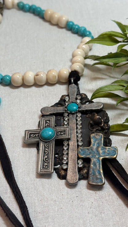 Triple cross on beaded necklace - Vintage Vault Boutique