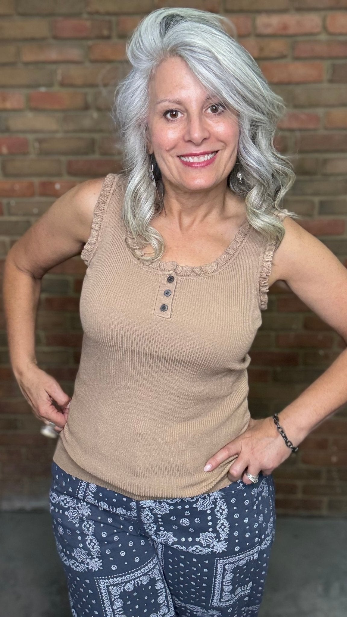 Ruffle Hem Knitted Tank Top -Mocha - Vintage Vault Boutique