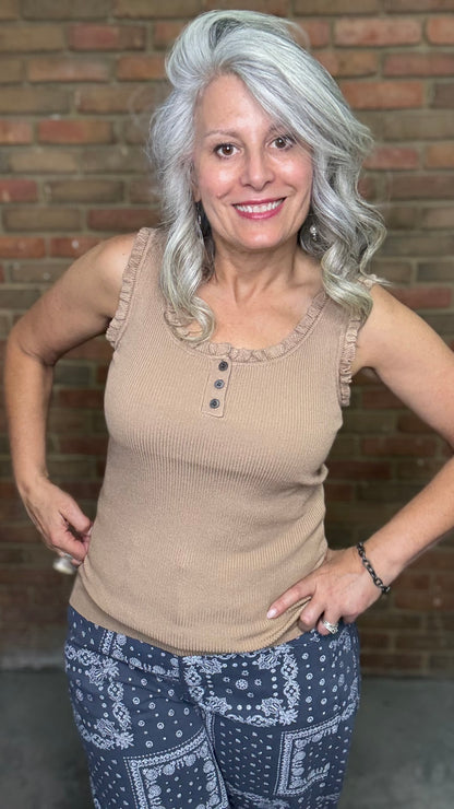 Ruffle Hem Knitted Tank Top -Mocha