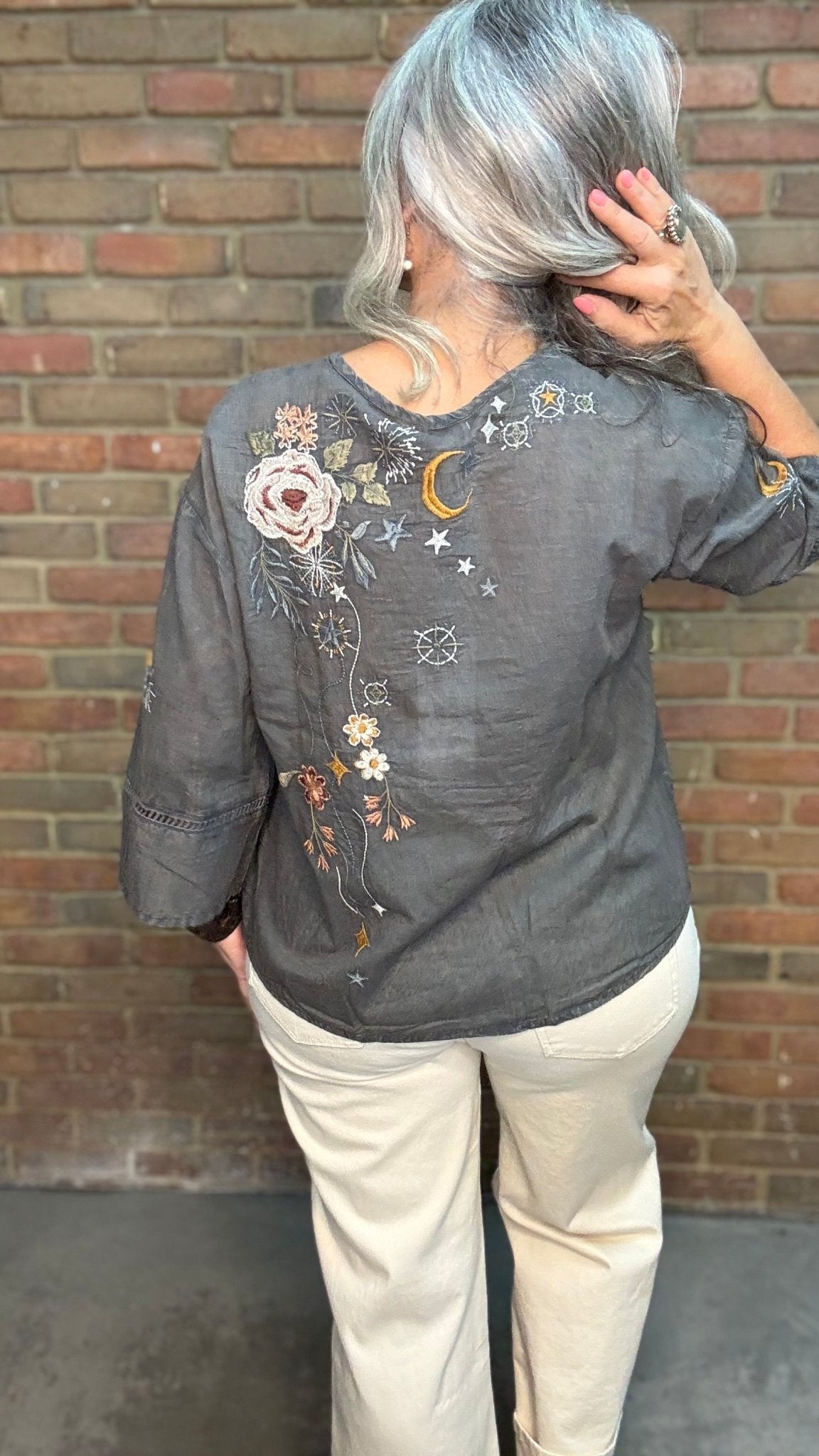 Jovanna - Dark Grey Embroidery Shirt - Vintage Vault Boutique