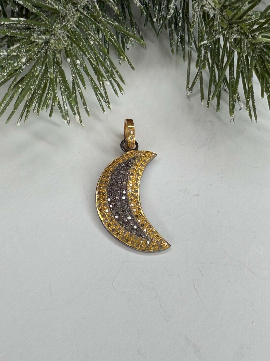 Mix Metal Pave Diamond Moon Pendant