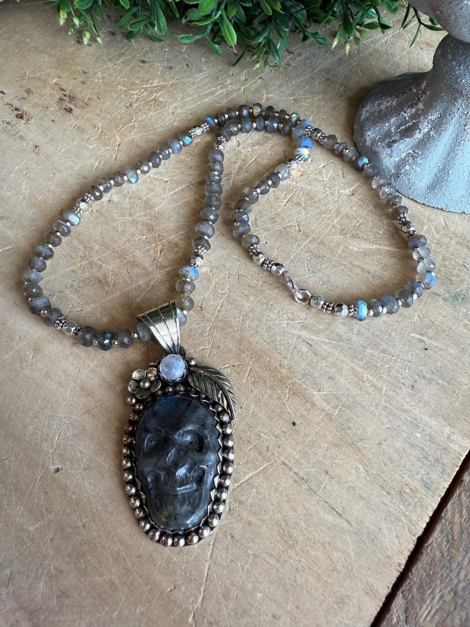 Labradorite/Moonstone Skull Necklace - Vintage Vault Boutique
