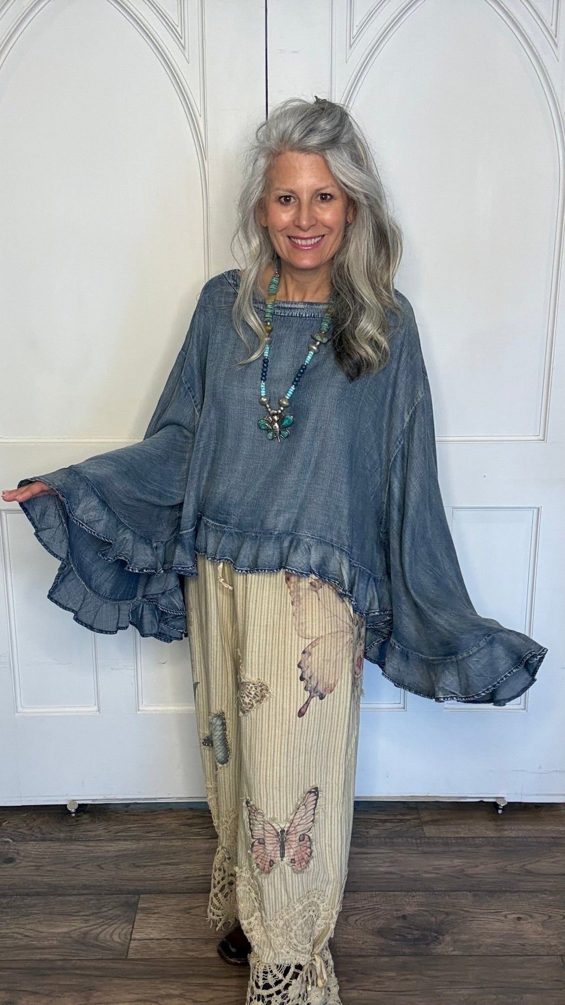 Blooming Grace Top -Chambray - Vintage Vault Boutique