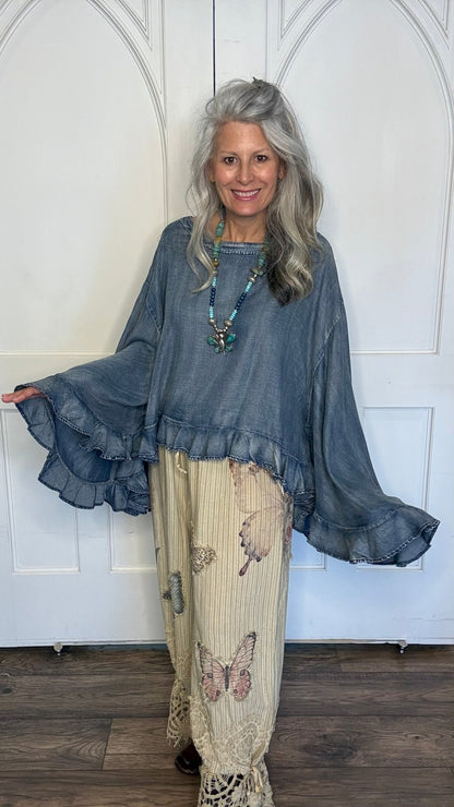 Blooming Grace Top -Chambray - Vintage Vault Boutique