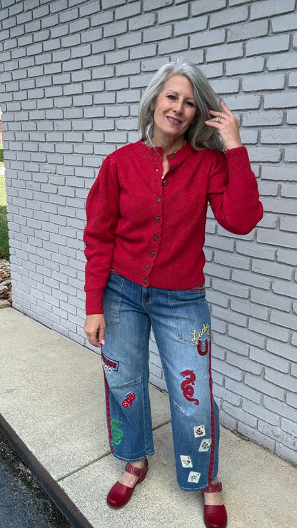 Pointelle Red Cardigan Sweater - Vintage Vault Boutique