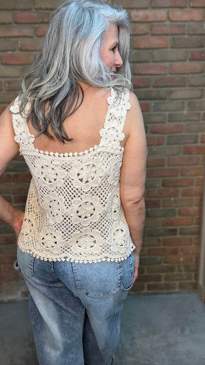 Crochet Square Neck Tank Ecru - Vintage Vault Boutique