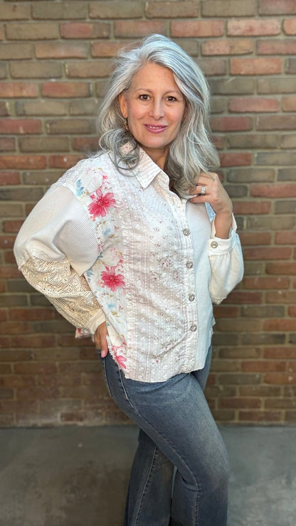 Balloon Sleeve Patchwork Shirt - Vintage Vault Boutique