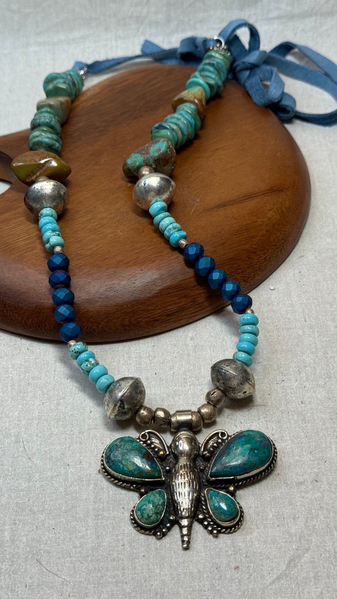 Turquoise Butterfly on Mixed Beaded Necklace - Vintage Vault Boutique