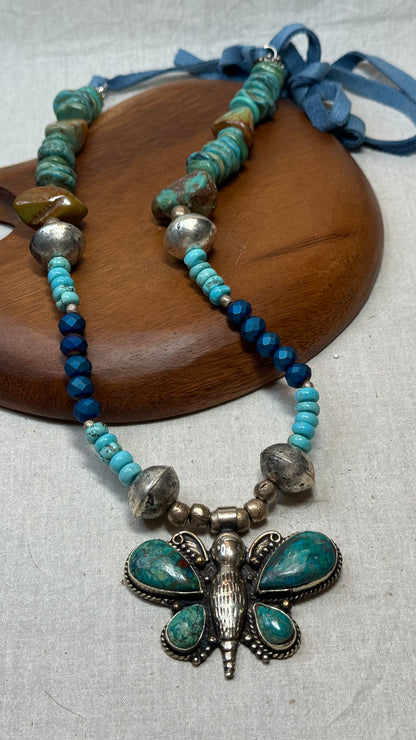 Turquoise Butterfly on Mixed Beaded Necklace