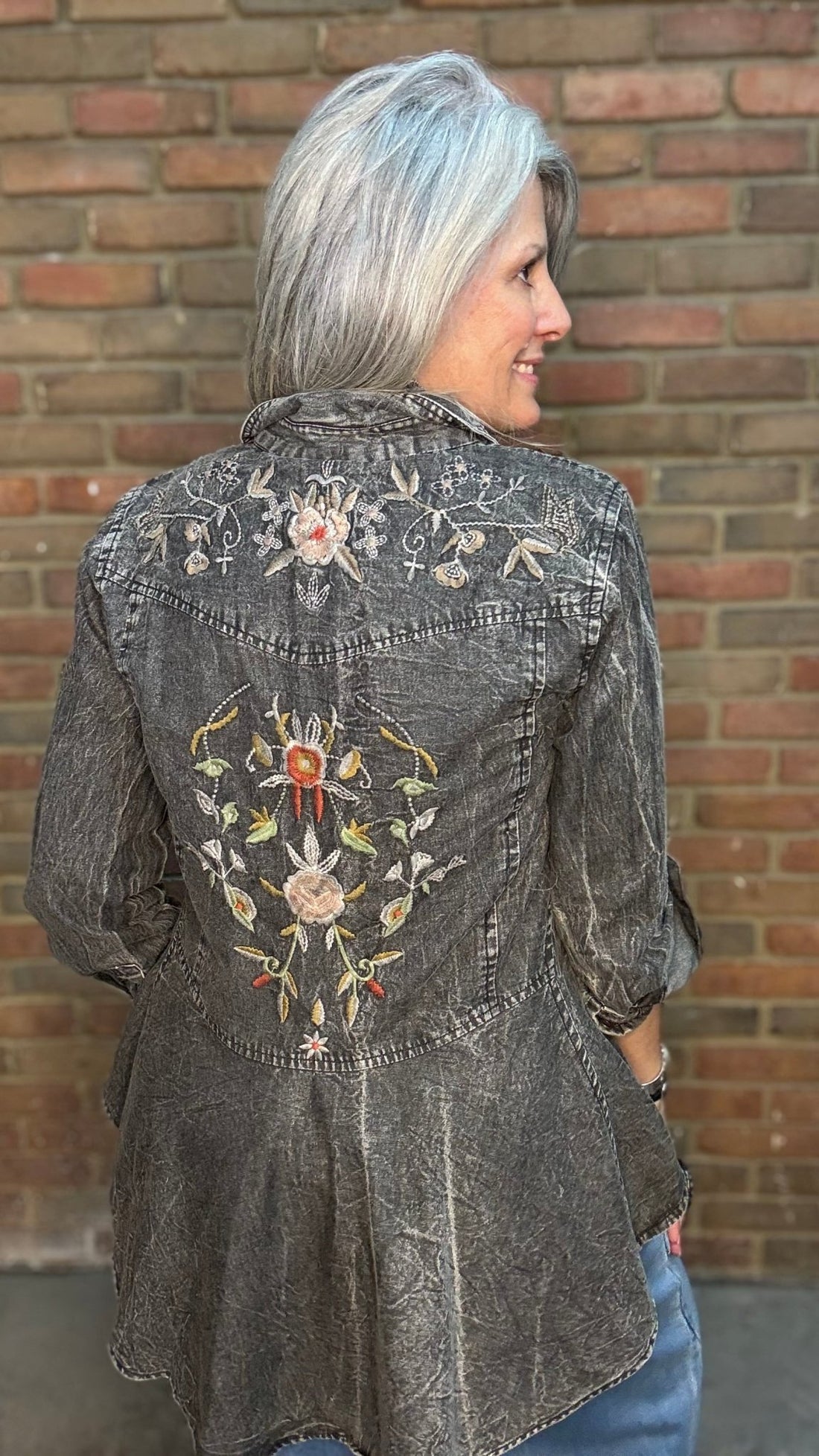 Black Denim Button-Up Embroidery Shirt - Vintage Vault Boutique