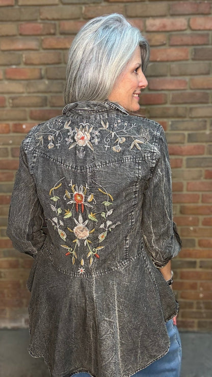 Black Denim Button-Up Embroidery Shirt - Vintage Vault Boutique