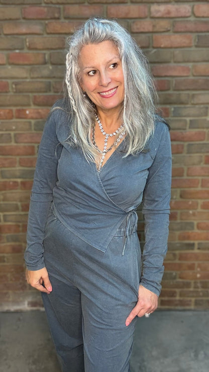 Teal Mineral Washed Tie Jumpsuit - Vintage Vault Boutique