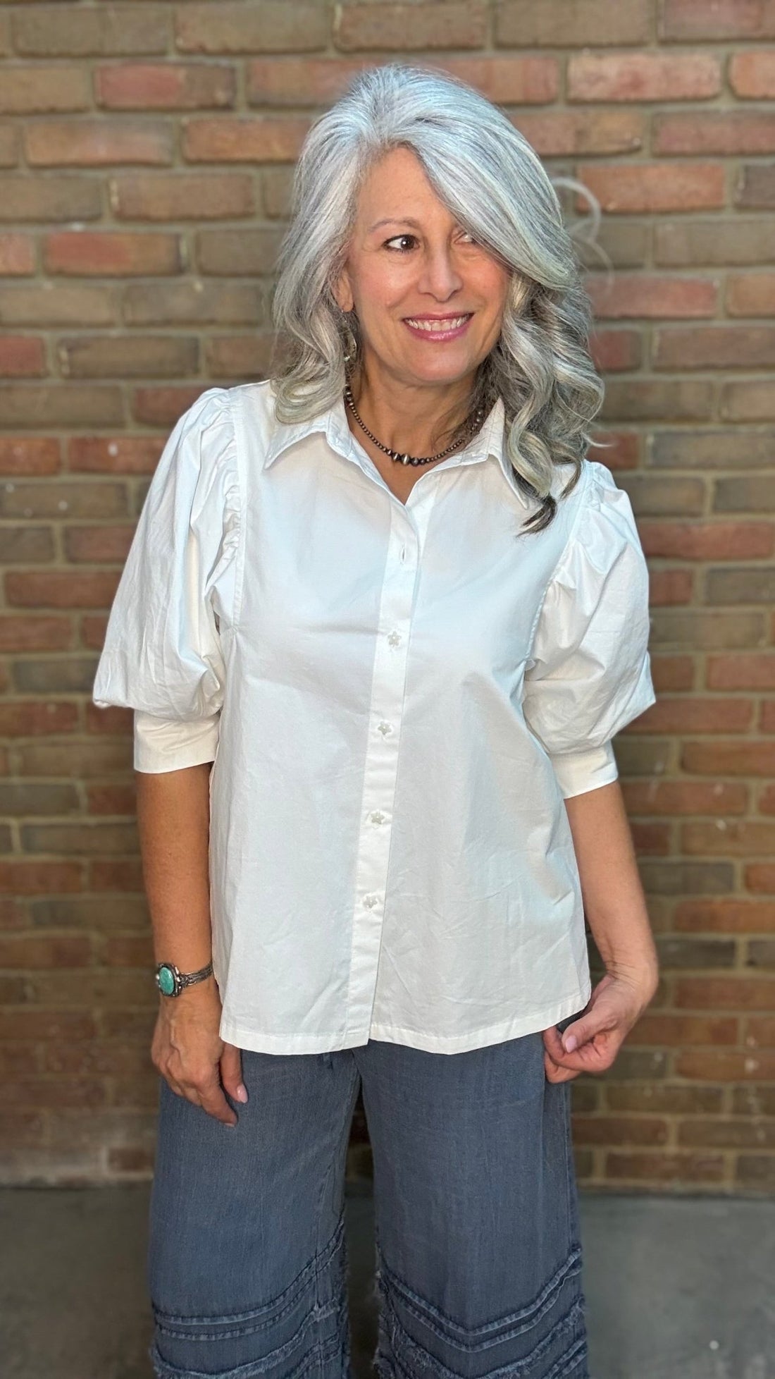 White Puff Sleeve Button Up Shirt - Vintage Vault Boutique
