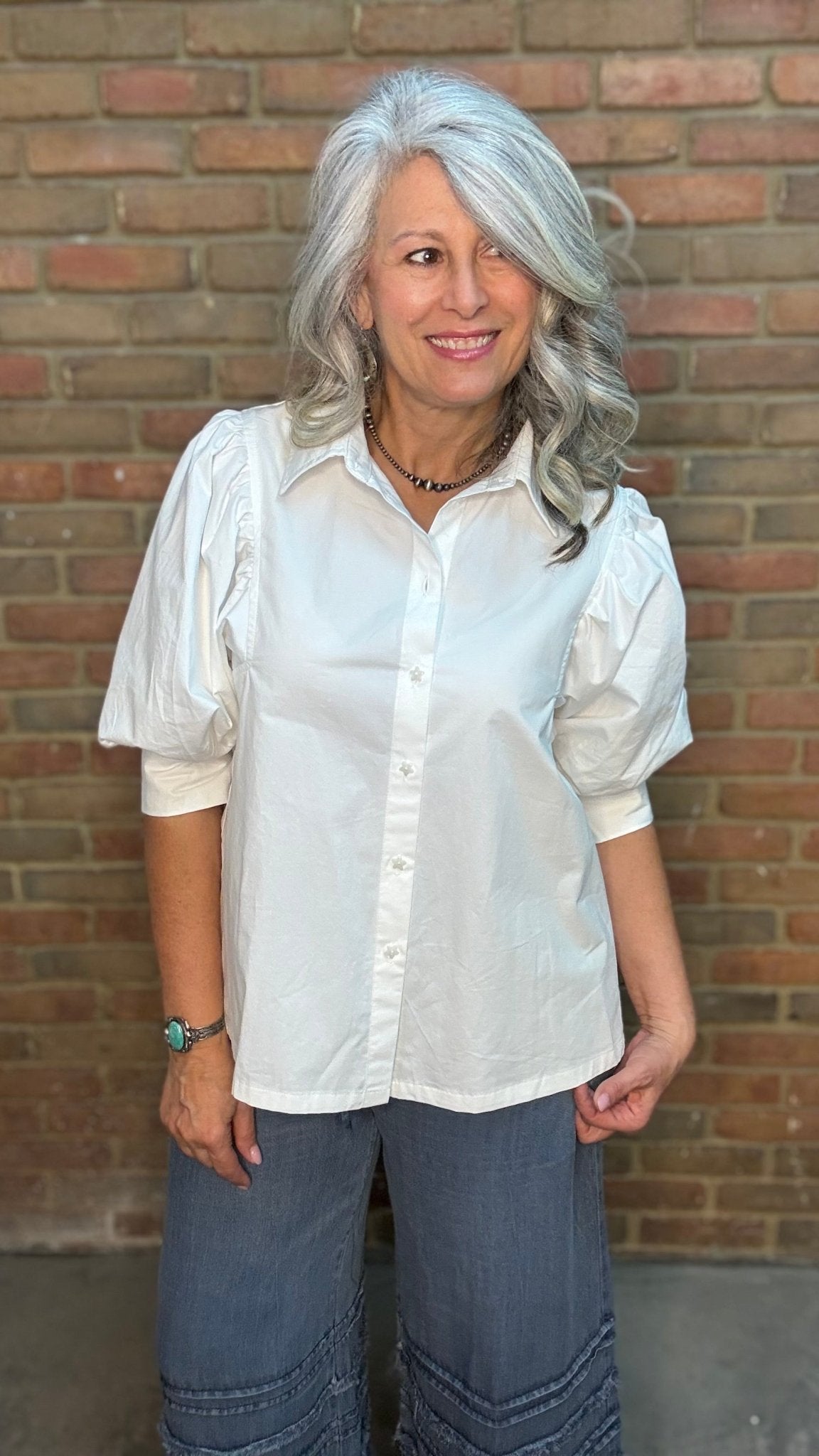 White Puff Sleeve Button Up Shirt - Vintage Vault Boutique