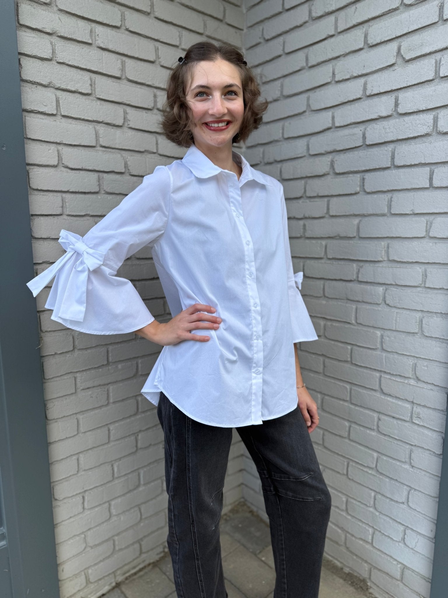 White Shirt with Bow Accent - Vintage Vault Boutique