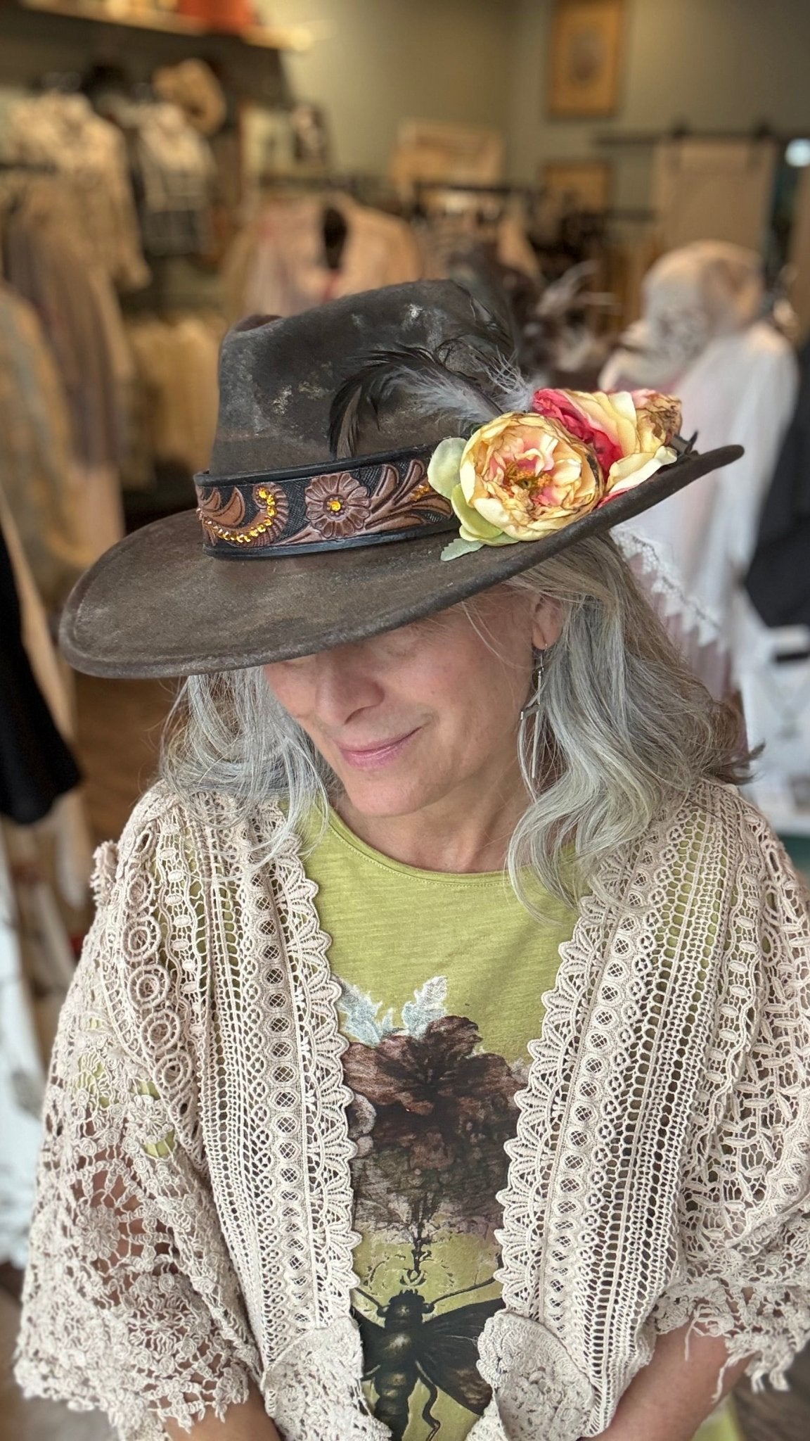 Yellow Rose Embossed Band Cowboy Hat by A Rare Bird - Vintage Vault Boutique