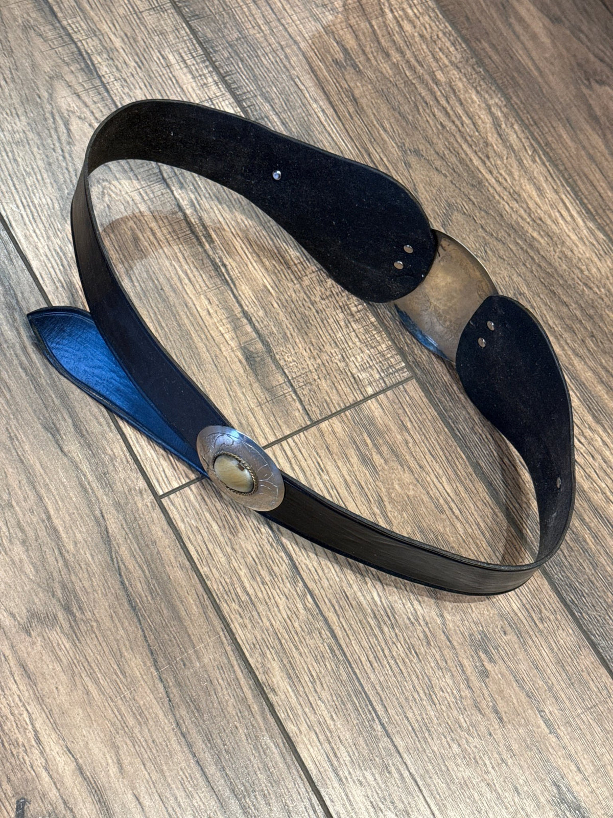 Back Center Metal Black Leather Belt - Vintage Vault Boutique