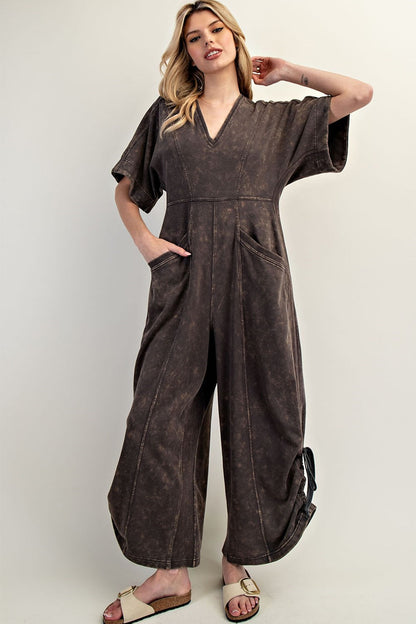 Ash Black Short Sleeve V-Neck Jumpsuit