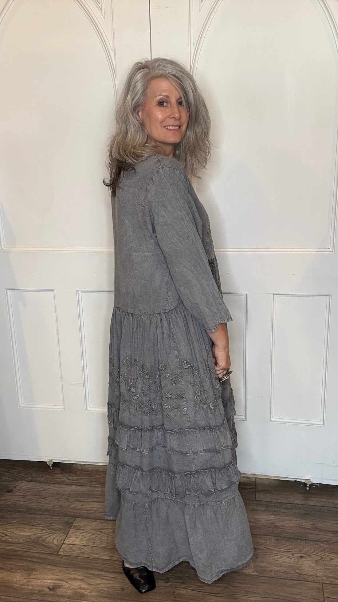 Gray Long Flare Dress with Ruffles