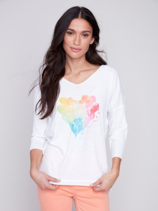 Printed Heart V-Neck Knit Top White