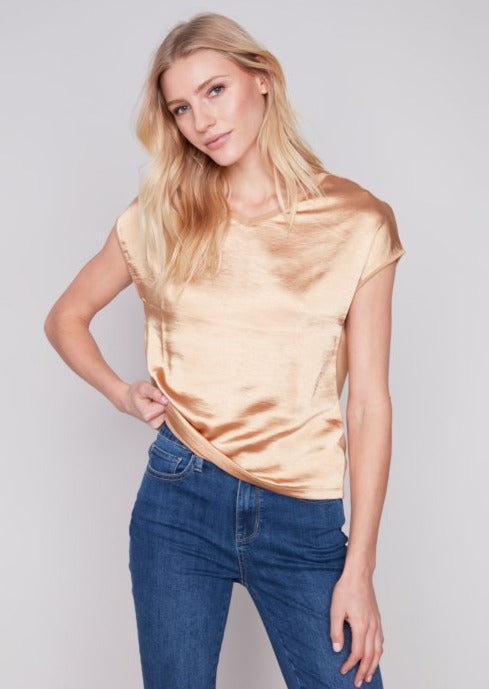 Satin Knit Combo Short Sleeve V-Neck Dolman Top  