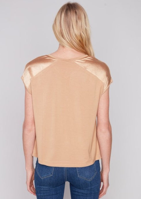 Satin Knit Combo Short Sleeve V-Neck Dolman Top  