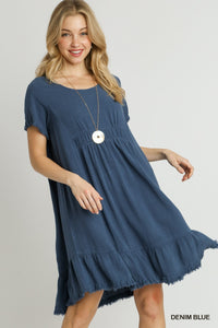 Blue Linen Blend Short Sleeve Round Neck Dress