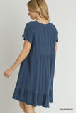 Blue Linen Blend Short Sleeve Round Neck Dress