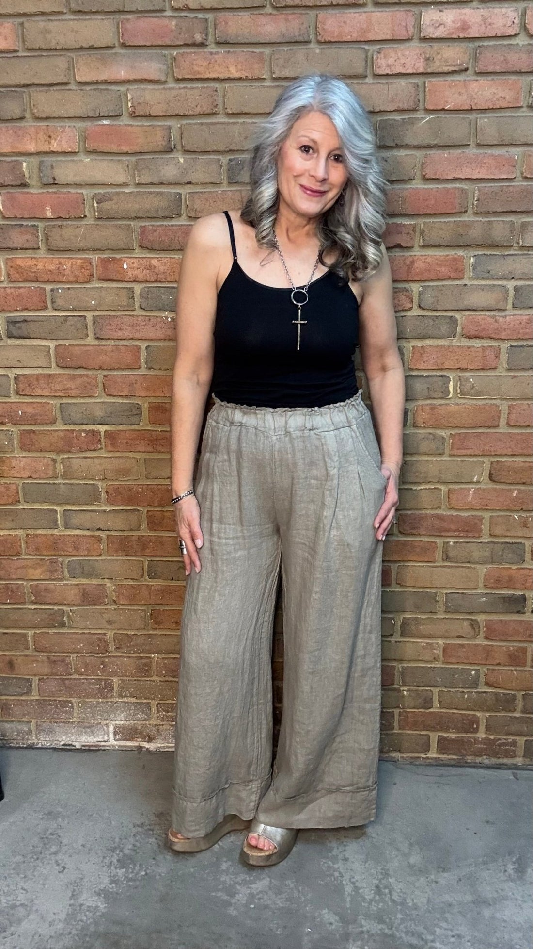 Taupe Wide Leg Cuff Pant - Vintage Vault Boutique