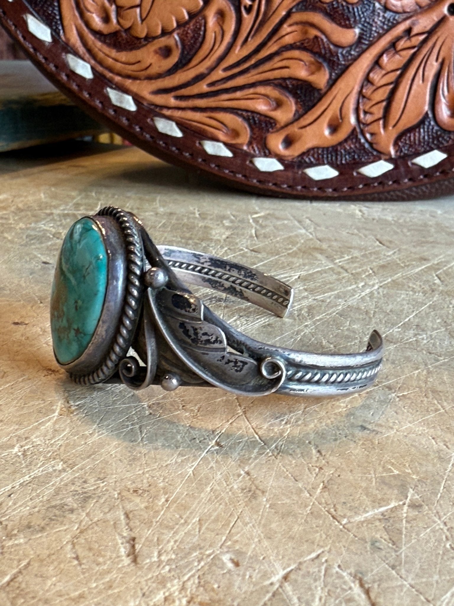 Turquoise Floral Silver Cuff - Vintage Vault Boutique