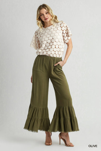 Olive Linen Ruffle Leg Pant 