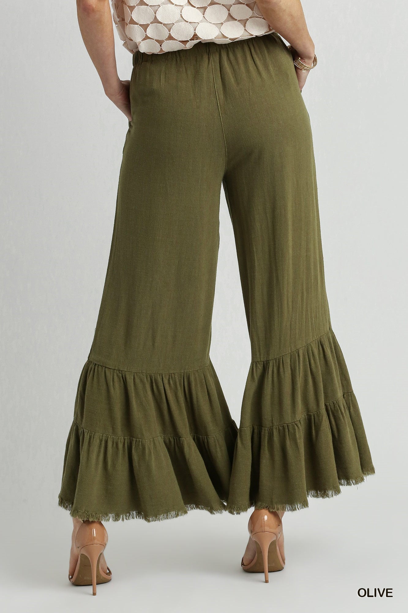 Olive Linen Ruffle Leg Pant 