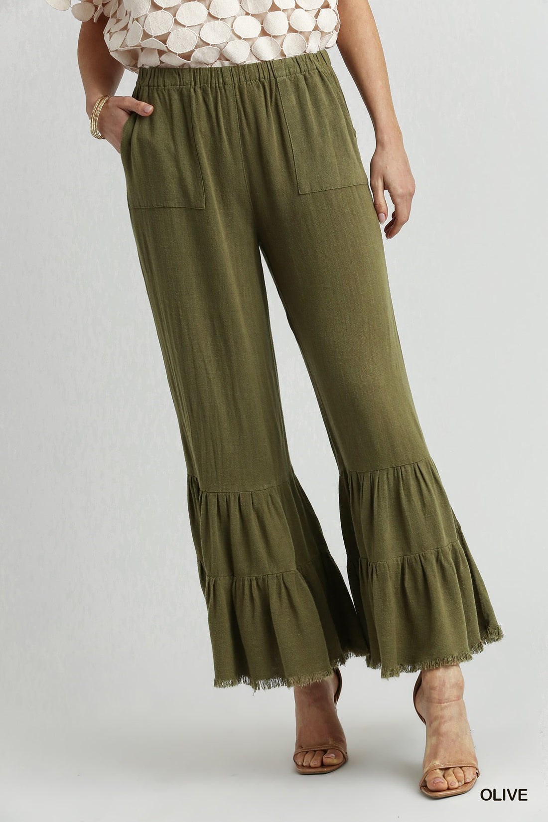 Olive Linen Ruffle Leg Pant 