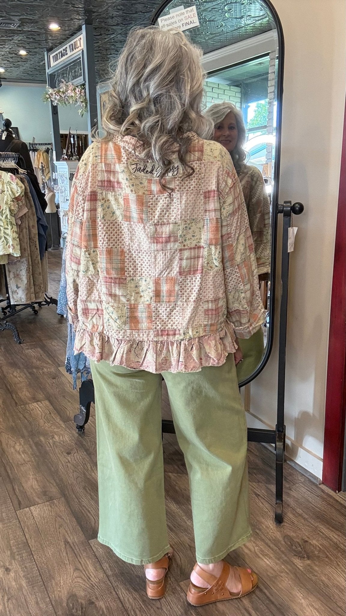 Green High Rise Drawstring Crop Wide Leg Jean - Vintage Vault Boutique