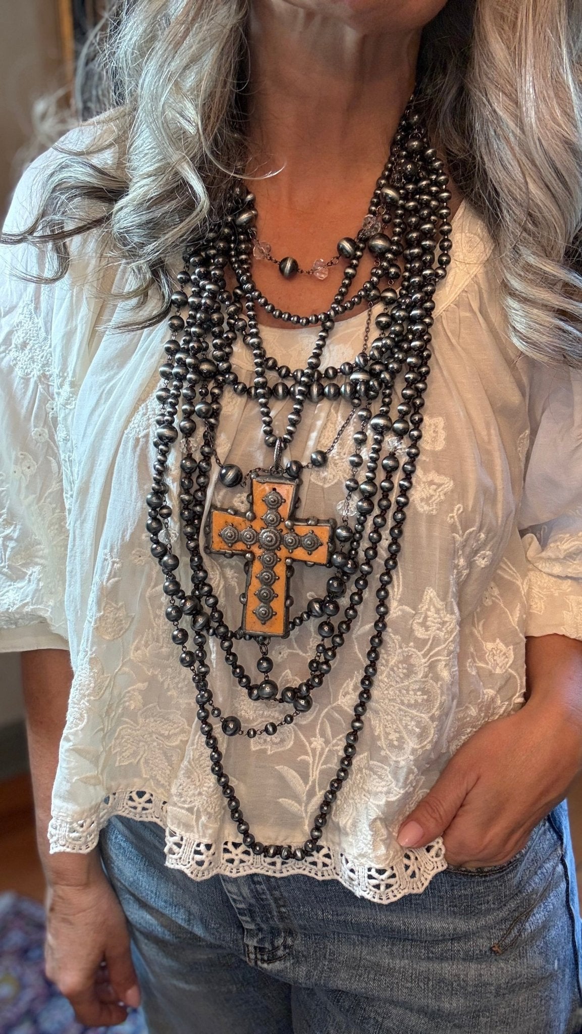 Orange Cross on Multi Strand Necklace - Vintage Vault Boutique