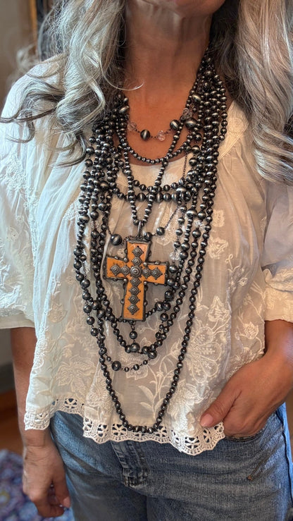 Orange Cross on Multi Strand Necklace - Vintage Vault Boutique