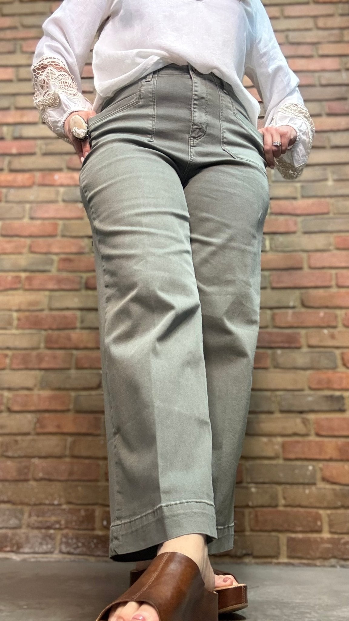 Cropped Wide Leg Twill Pants Sage - Vintage Vault Boutique