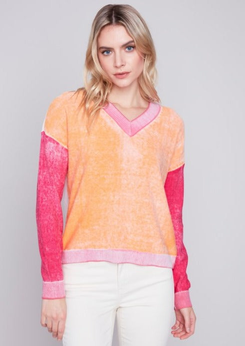Cold Dye Color Block V-Neck Sweater #628