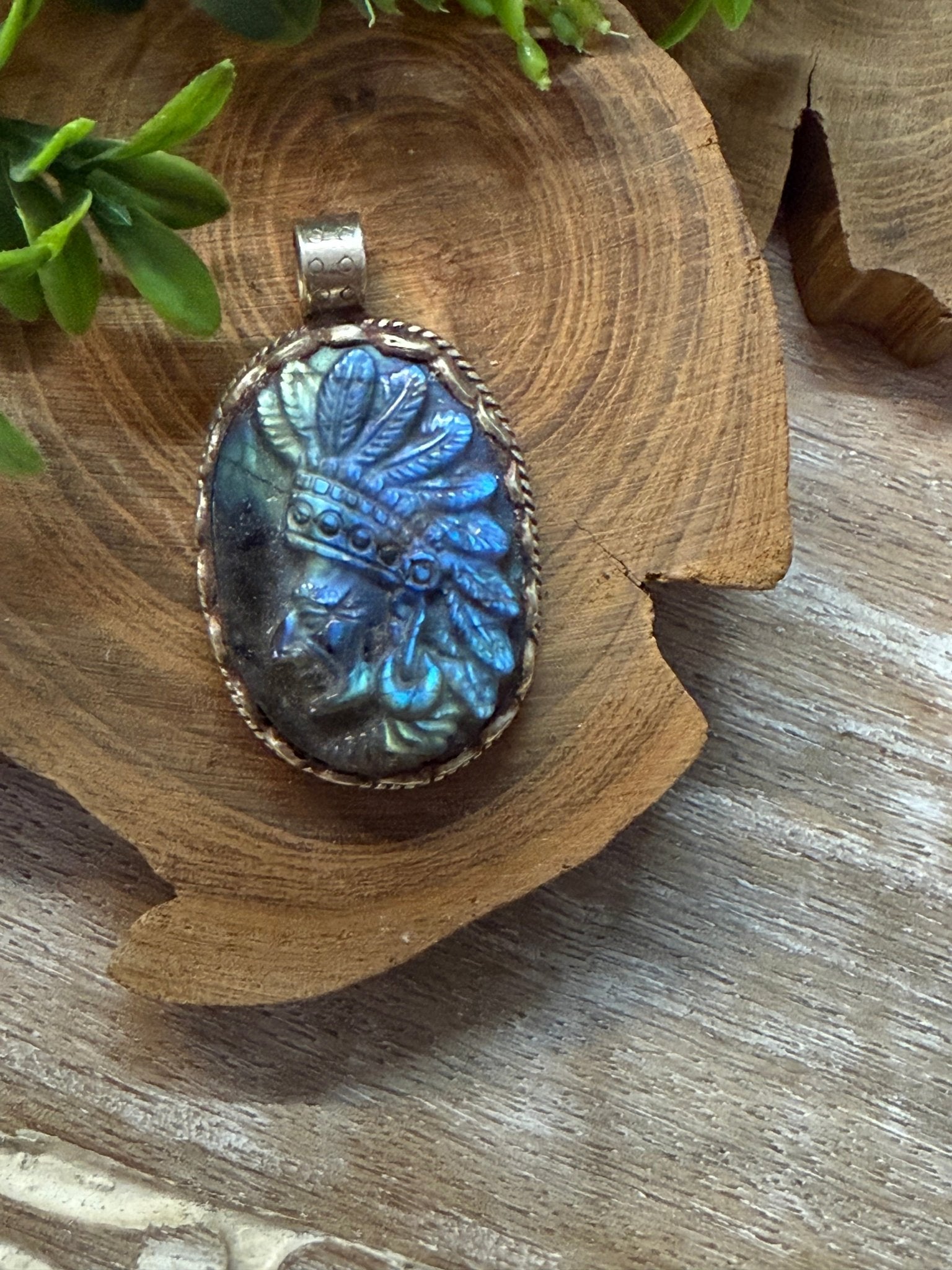 American Indian Carved Labradorite Tibetan Pendant - Vintage Vault Boutique