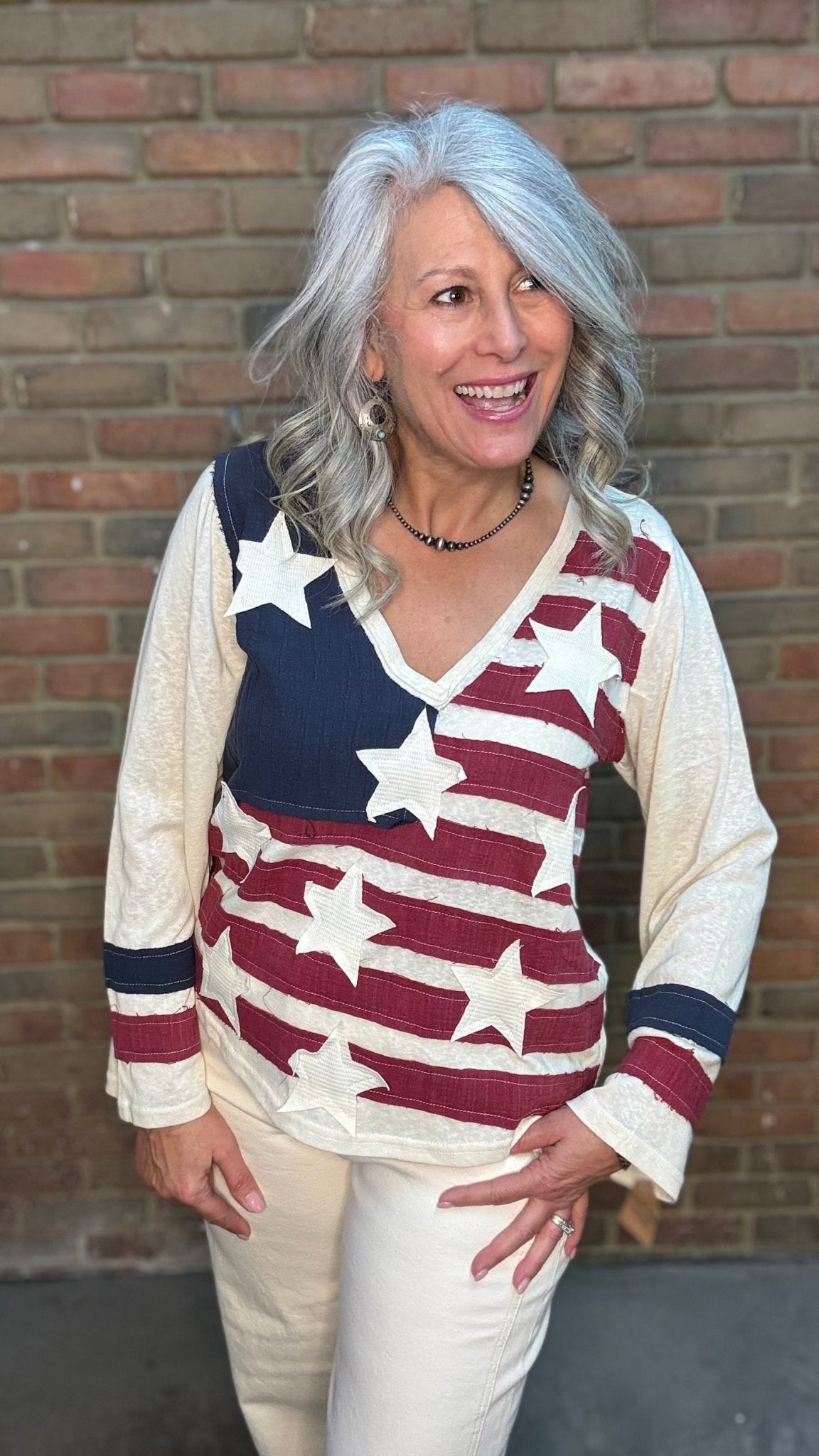 American Flag V - Neck Long Sleeve Top - Vintage Vault Boutique