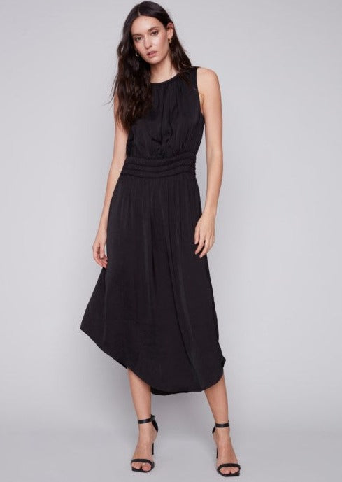 Crewneck Dress with Elastic Smocking at Waist  Black S & XXL